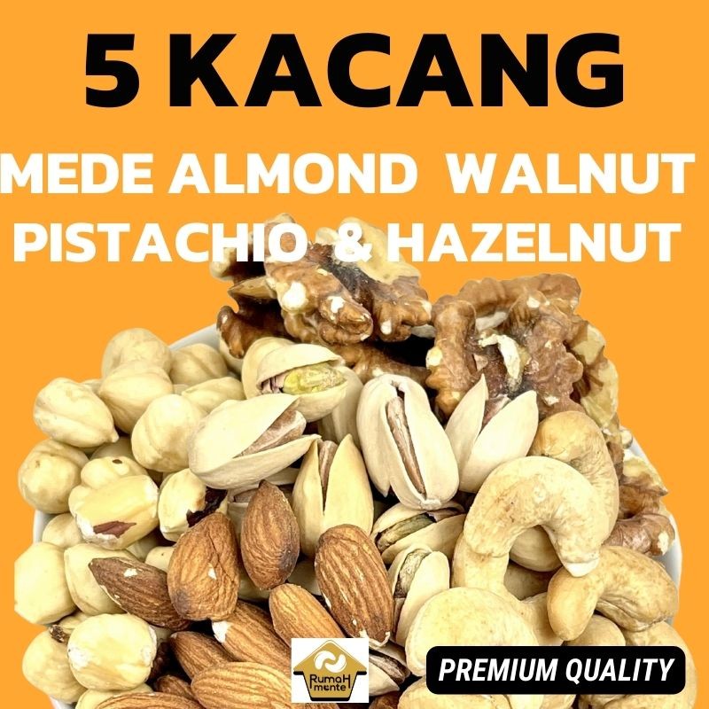 

TRAIL MIX 5 KACANG 500GR KACANG MEDE ALMOND PISTACHIO HAZELNUT WALNUT (CEMILAN DIET PREMIUM QUALITY)