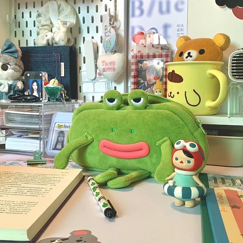 Frog Plush Pencil Case with Cartoon Design Large Capacity Pencil Stationery Box in The Style of Inst