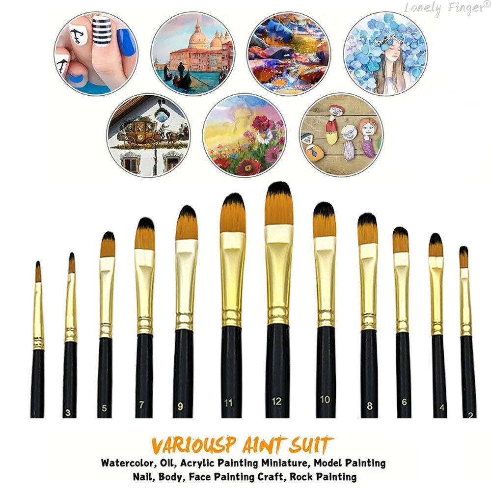 

Artist Paint Brushes Set,12 Pcs Professional Filbert Brushes for Acrylic Oil Watercolor Gouache Painting, with Nylon Hair Black