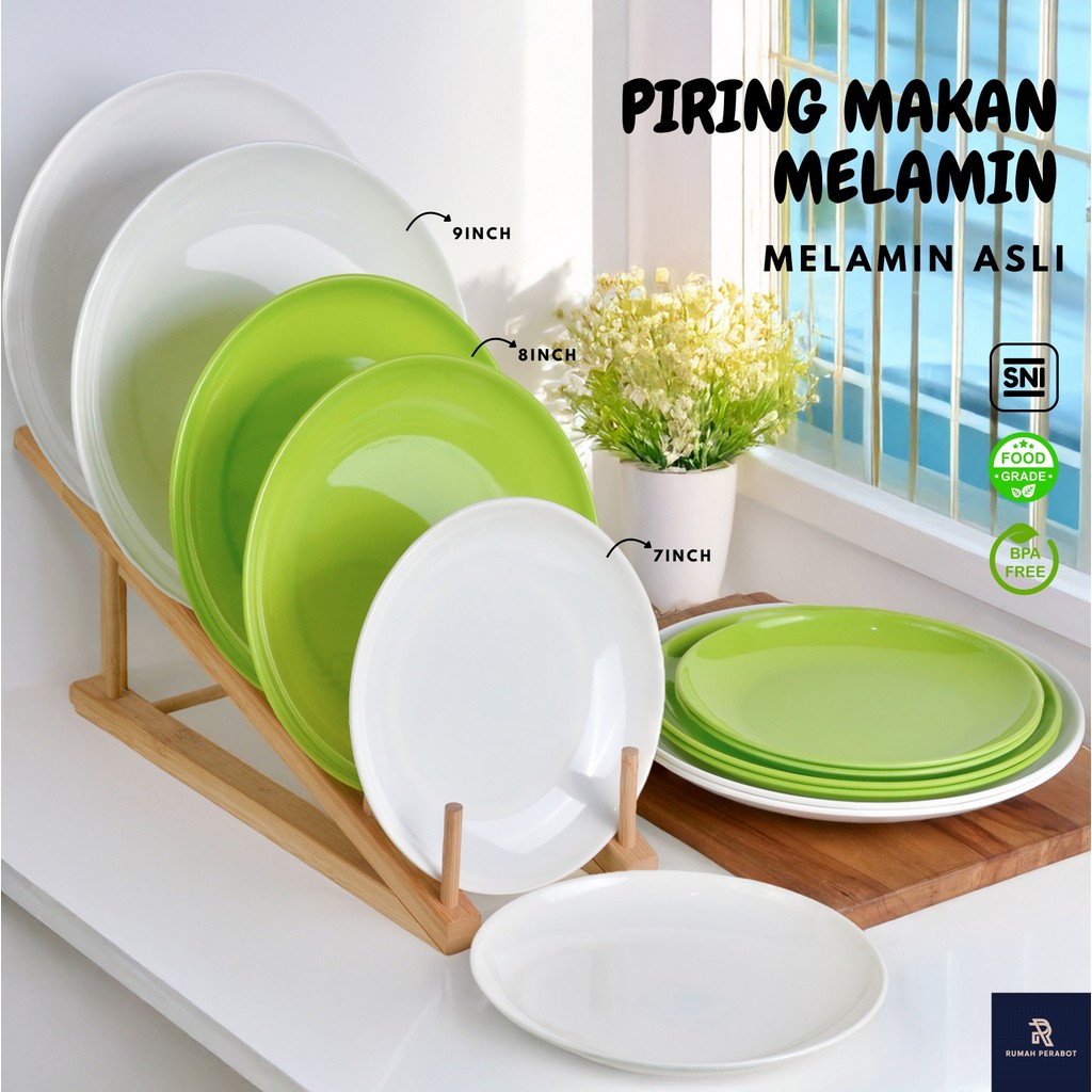 Piring Melamin Cekung Polos 7/8/9 Inch Piring Bulat Tanpa Sekat Piring Makan Saji Murah Putih Hijau