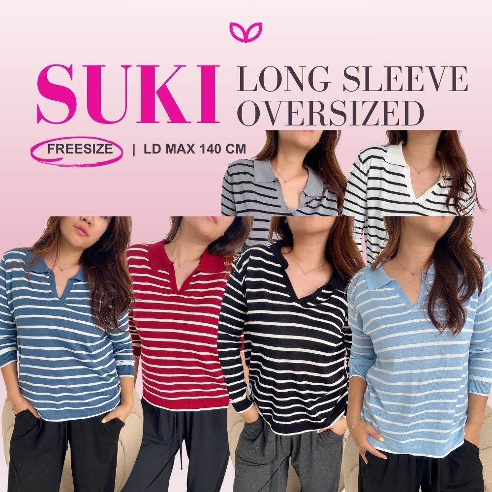 SERESHOP Pluffyschoice Suki Long Sleeve Oversized Stripes Top Baju Atasan Wanita