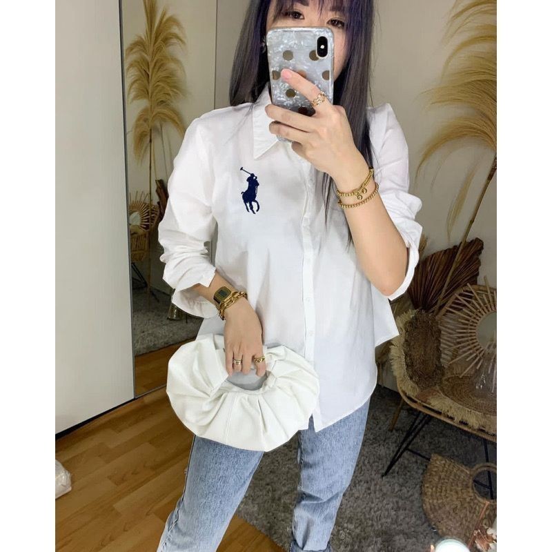 USYSHOP OOTD x LOGO - Kemeja Bian Batwing Wanita Polos Putih Bordir Polo Shirt