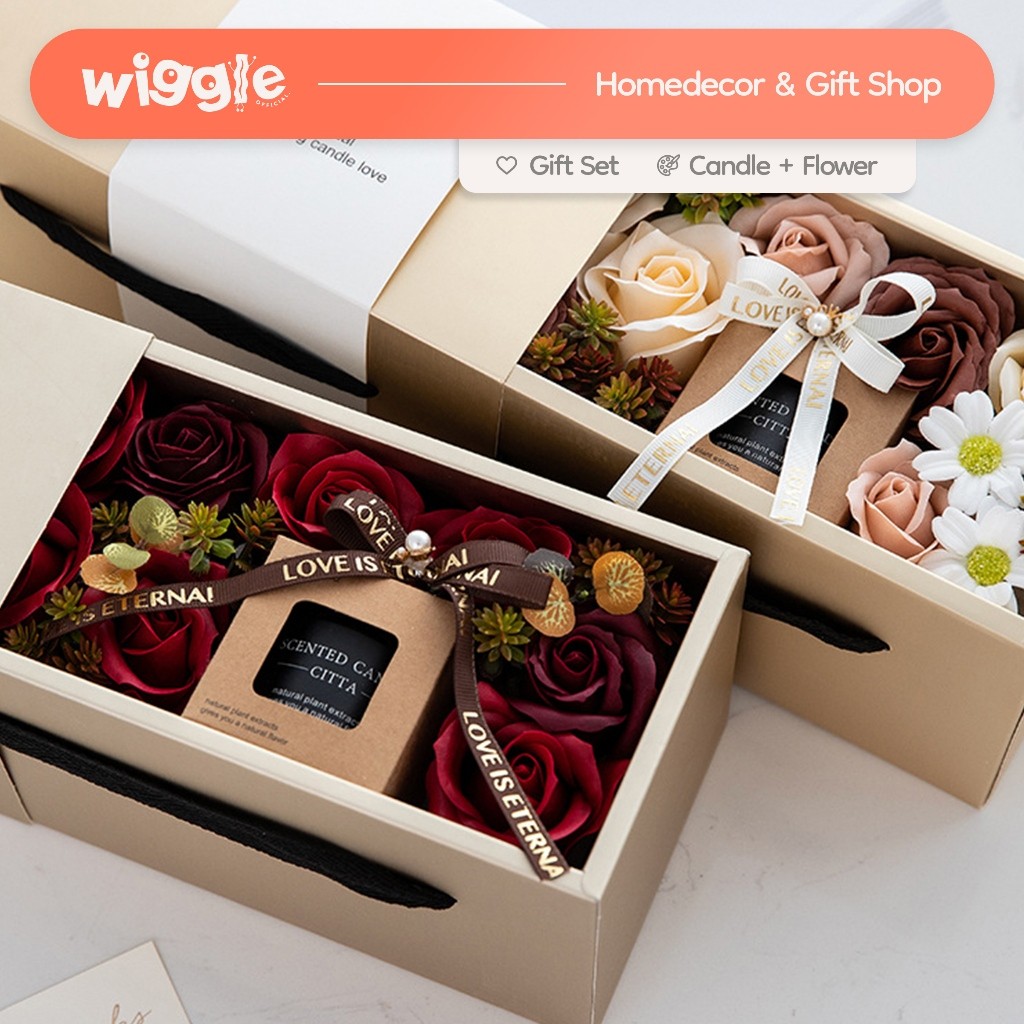 

Wiggle Hampers Box Scented Candle Flower Kado Unik Gift Set Soap Flower Hadiah Ulang Tahun Birthday Lilin Aromaterapi Gift Box Bunga Set