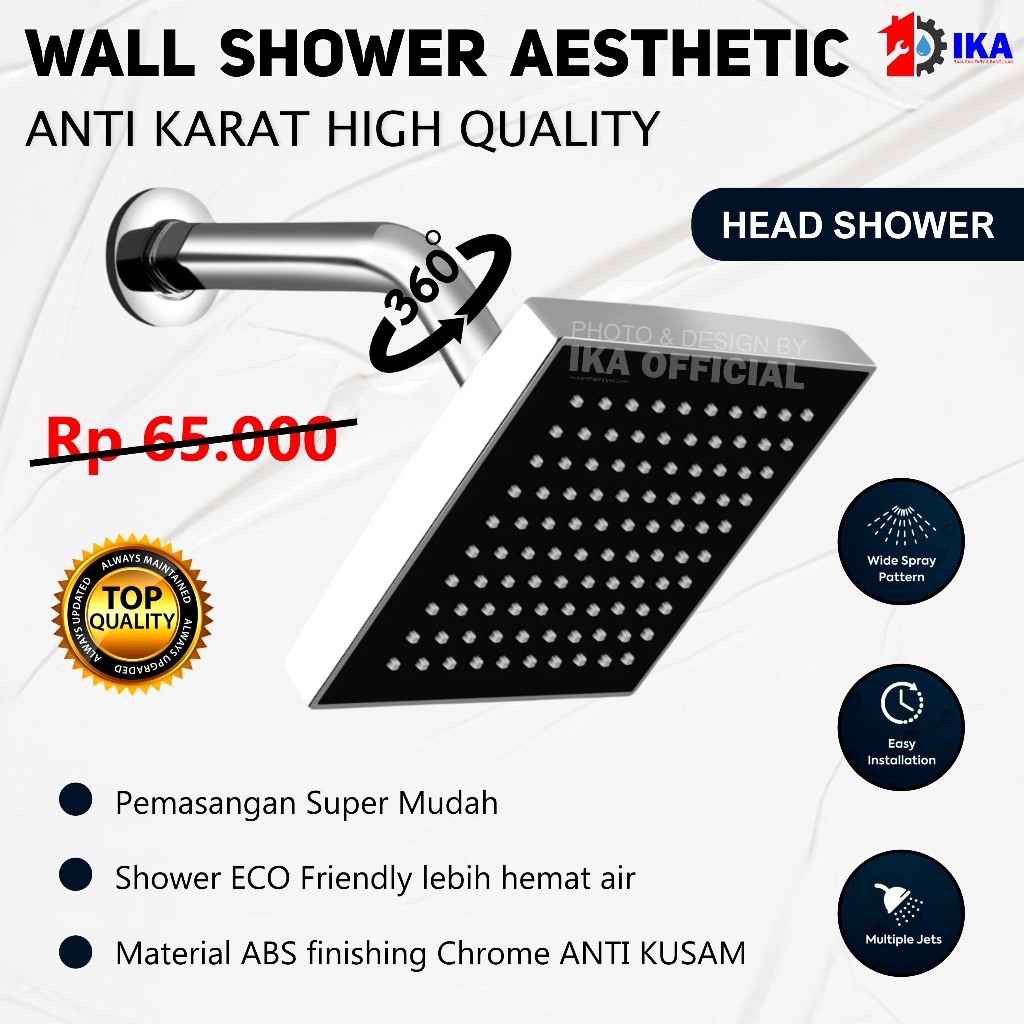 Wall Shower Kepala Sower Tanam Tembok Hitam Black / Homeneeds Kepala Shower Mandi Bentuk Kotak Hitam