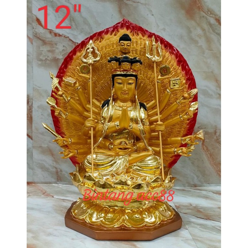 patung dewi seribu tangan/ cien so kwan im - 12inch - fiber - emas - m24
