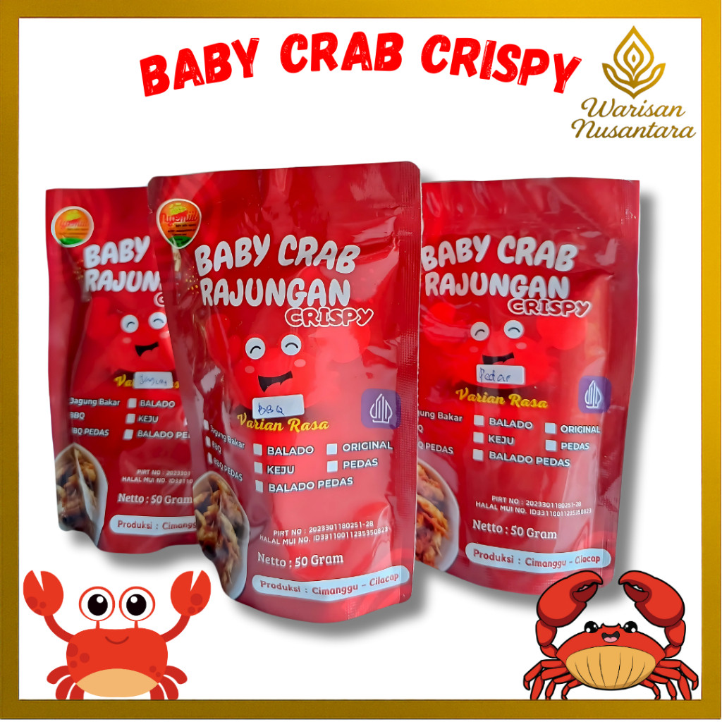 

Baby Crab Krispy Rajungan Renyah Snack Halal Sehat Bayi Kepiting Original Pedas-Manis