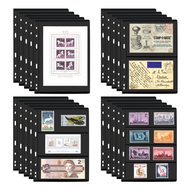 

10Pcs 9-Hole Stamp Pages for Stamp Album Binder Stamp Collecting Albums Collection of Banknotes PVC Loose-leaf 12 Models