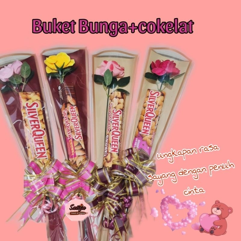 

Buket Bunga + Cokelat Silverqueen Chunkybar/Cashwe Uk Besar