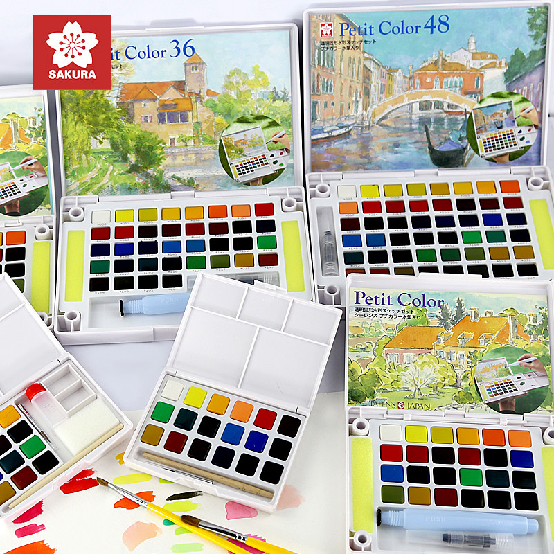 

SAKURA Petit Color Solid Watercolor Paint Set Portable Sketch Set 12/18/24/30/36/60/72 Colors Student Artist Art Supplies