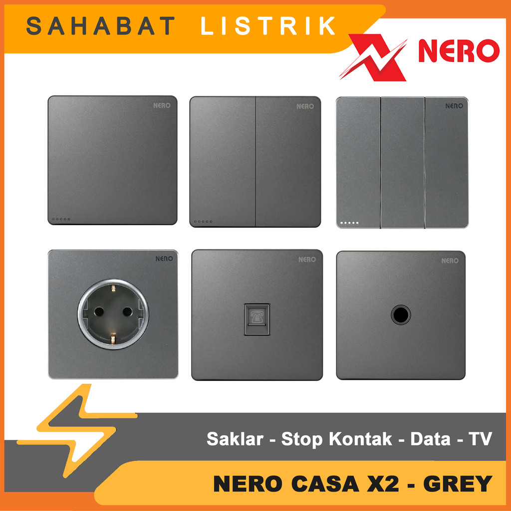 NERO CASA X2 GREY SAKLAR ENGKEL - SERI -  STOP KONTAK - DATA CAT6 -  TV - TELEPHONE