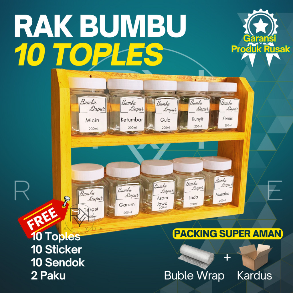 Alat Dapur Murah // Rak Dapur Serba Guna Tempat Bumbu Kayu 2 Susun Dengan 10 Toples dan 10 Stiker Bu