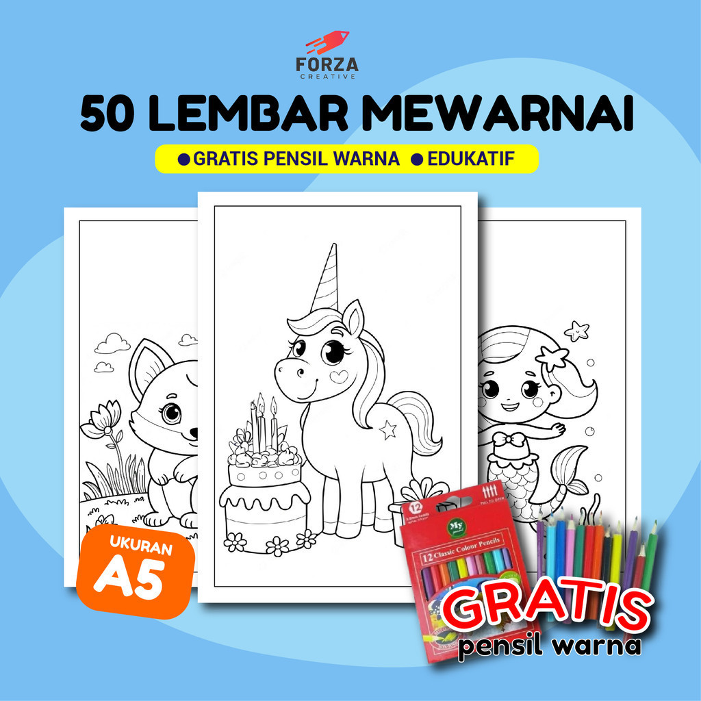 

50 Lembar Kertas Mewarnai Edukatif Gratis Pensil Warna, Anak TK PAUD