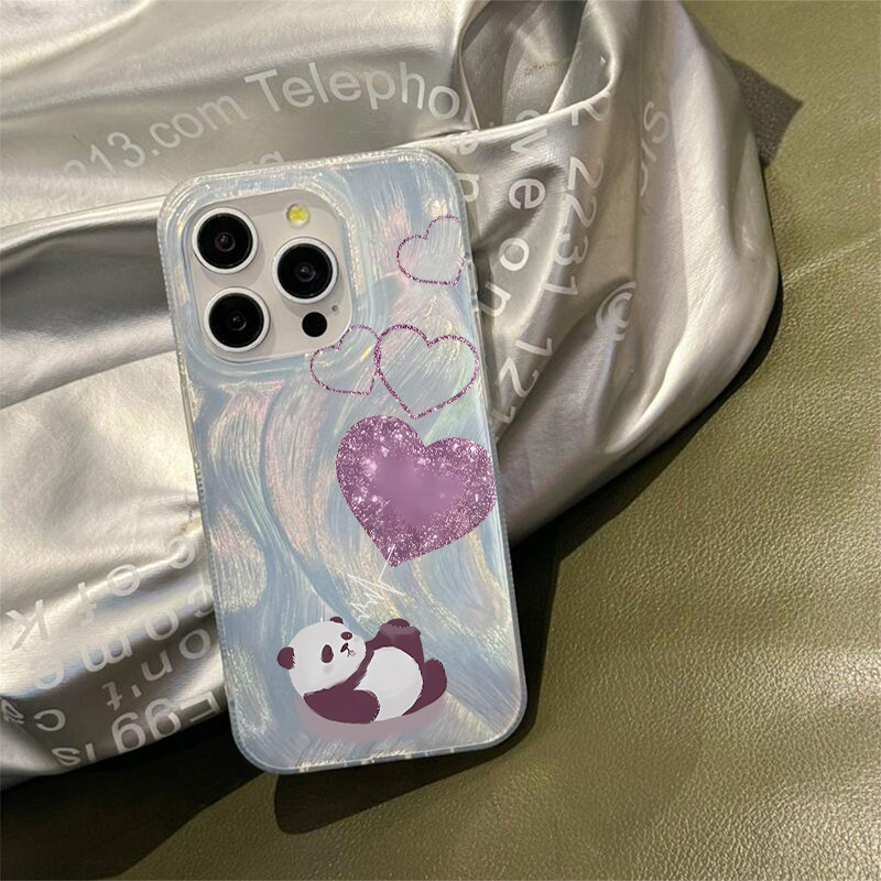Casing ponsel Benang Bulu Panda Jantung Pink Lucu  case untuk Casing Ponsel Apple iPhone 15 14 13 12