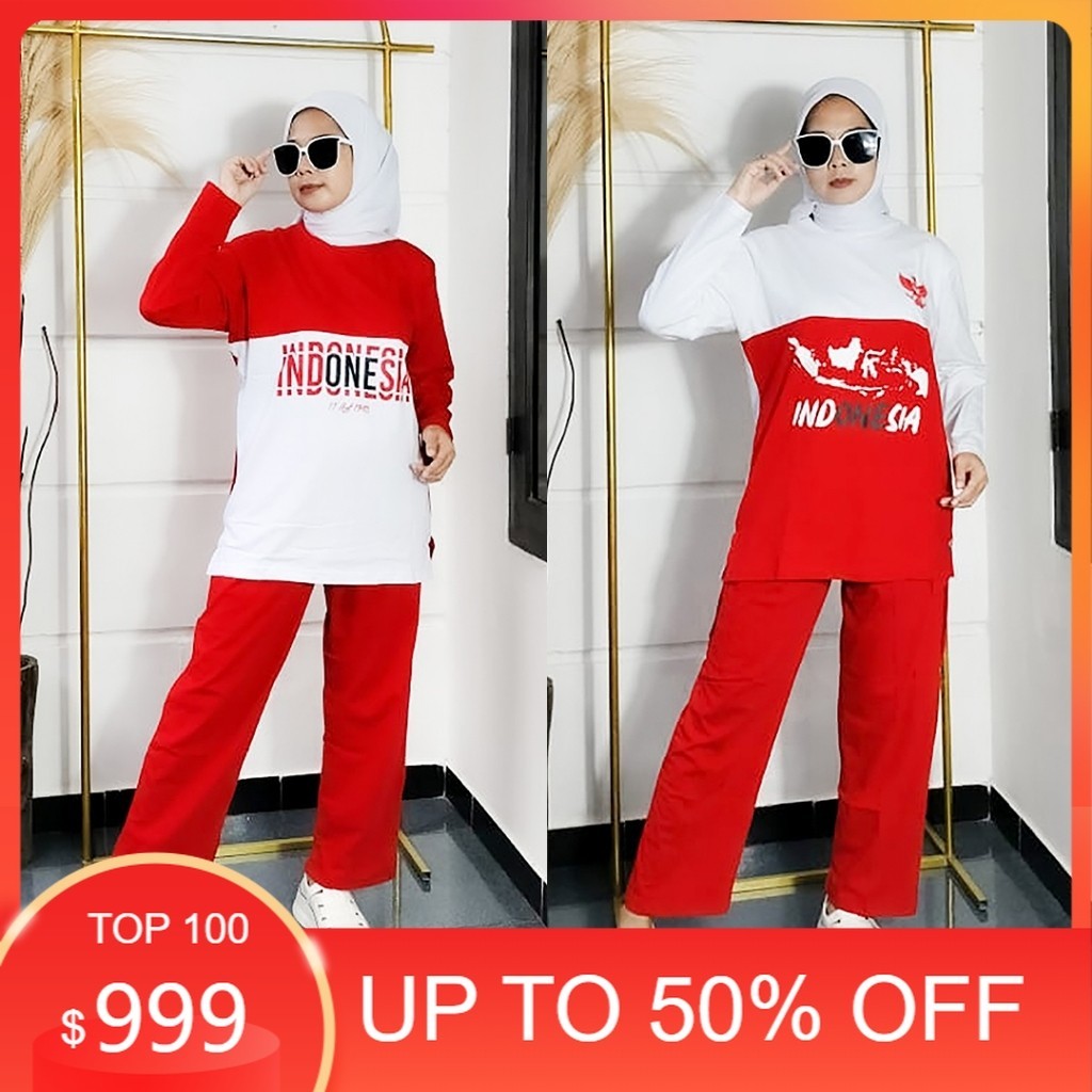DISKON MURAH / Setelan Kaos  Merah putih Celana Cargo - Cotton Combed- Kaos Wanita - Setelan Wanita 