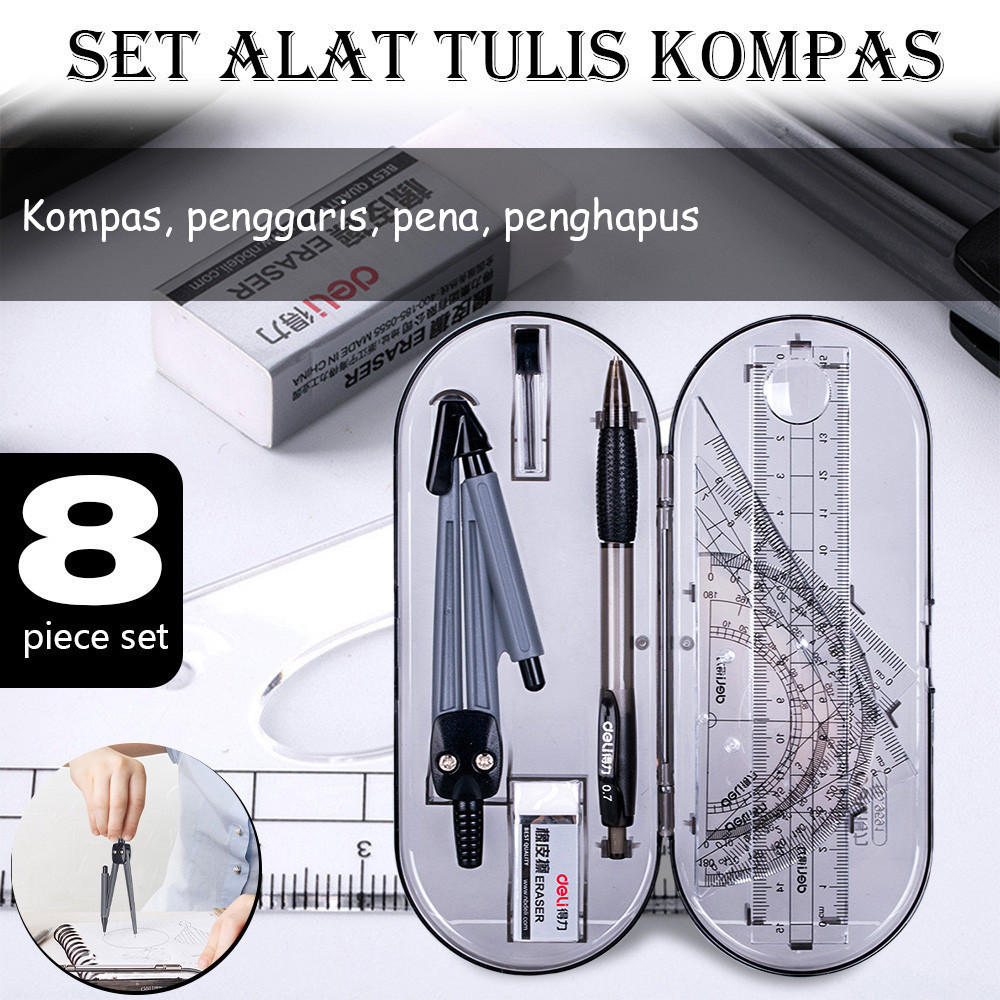 

8-piece set gambar siswa penggaris kompas set ujian set alat tulis kompa