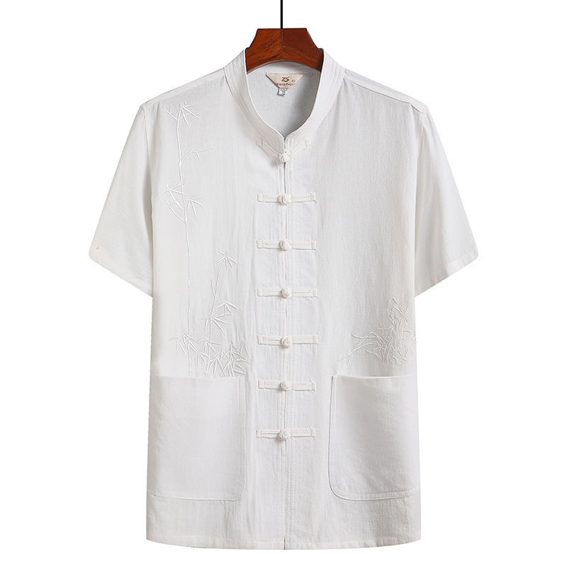 Setelan Tang lengan pendek pria paruh baya dan lansia musim panas bermotif bambu gaya Cina dengan ce