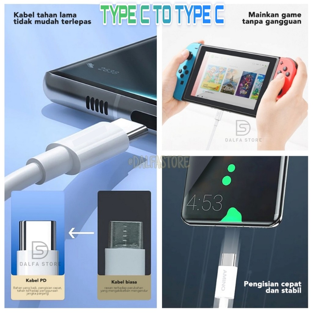 Kabel Data Type-C to Type-C PD Quick Charge 1M TPE 20W Cesan Cable Fast Charge Chargeran HP HP57