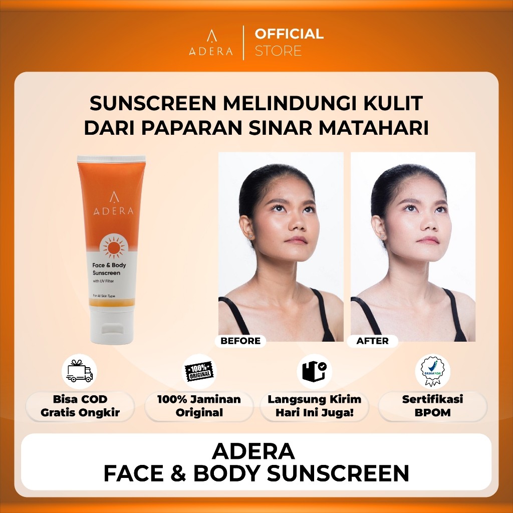 

GARANSI ORI Daily Face & Body Sunscreen ADERA with UV Filter Melembabkan dan Melindungi Kulit Dari Paparan Sinar Matahari Sudah BPOM 100% Original