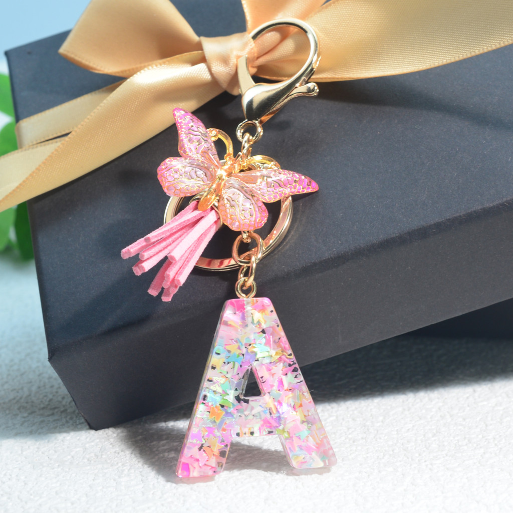 

New Pink Butterfly Sequin With English Initials Butterfly Tassel Keychain For Women's Bag, Student Backpack, Keychain Pendant