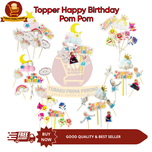 Topper Happy Birthday Pom Pom / Topper Ulang tahun / Hiasan Kue