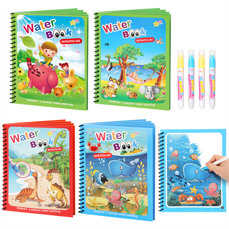 

Water Drawing Books Educational Toy For Kids Toddlers Reusable Water Graffiti Coloring Cardbords with Pen Magical Drawing Kits