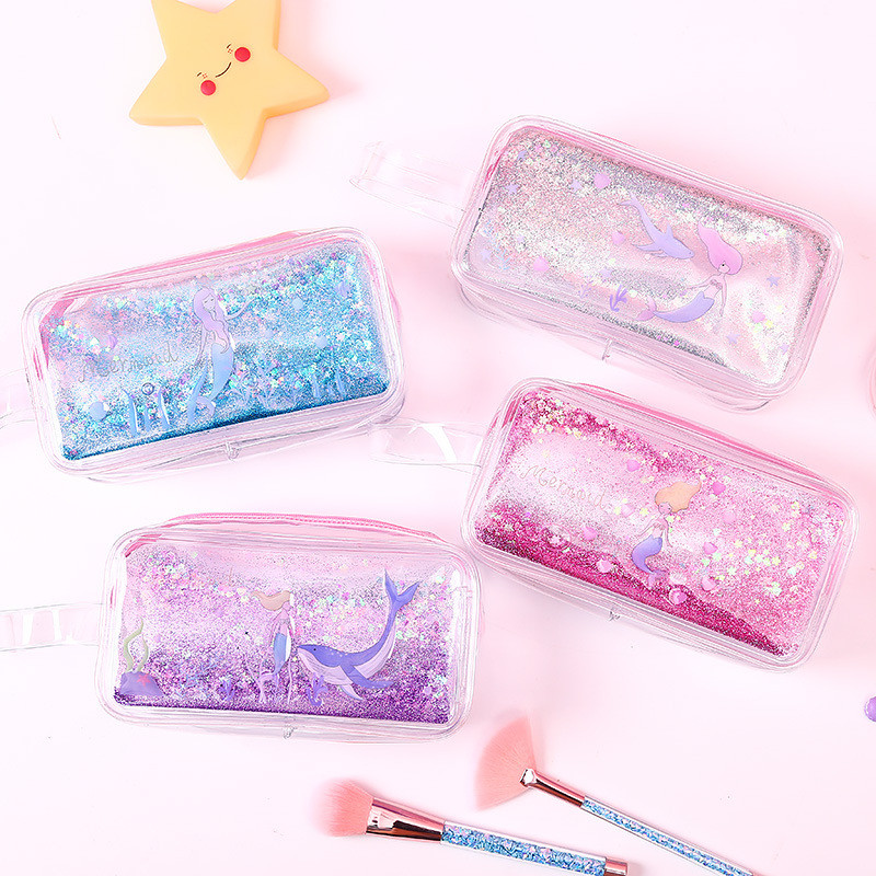 

CHEN LIN 1Pcs Kawaii Quicksand Mermaid Pencil Case Transparent Glitter Pen Bag For Girls Multi-function Storage Cosmetics Bag