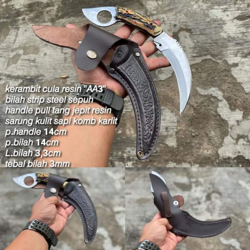 Pisau Kerambit AA3 Sarung Kulit sapi Handle Tanduk Rusa