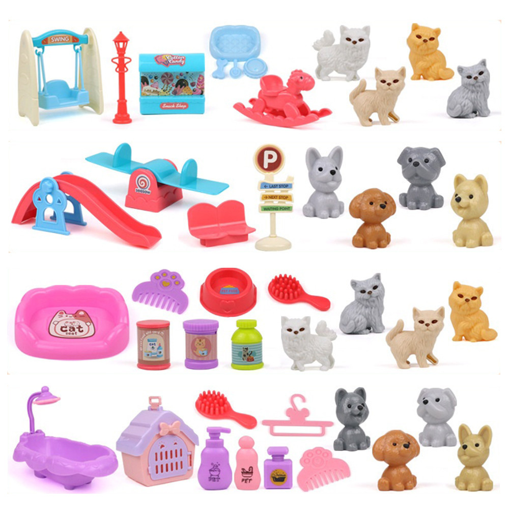 QWZ Pretend Play Toy Fashion Mini Pets Cat Dog House Kennel Bathtub For Children Play House Toy Acce