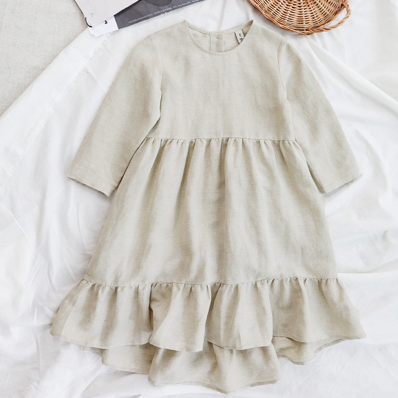 Girls' Cotton And Linen Princess Dress 2024 Autumn New Children O-neck Long-Sleeve Ruffle Linen Dres