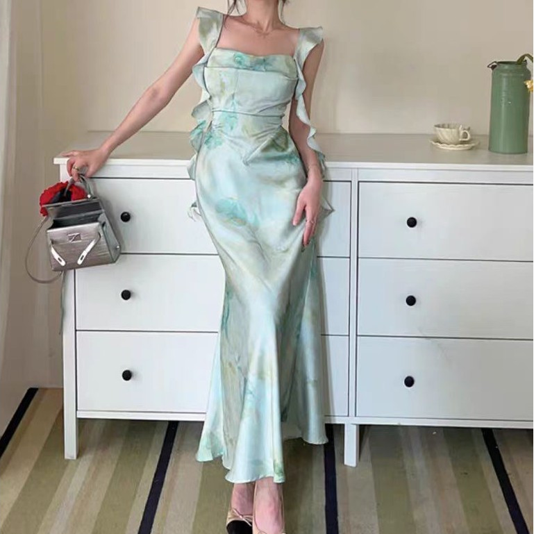 Sage Green Floral Dress Plus Size Boho Dress For Woman Beach Long Dress Elegant Summer Casual Dress 