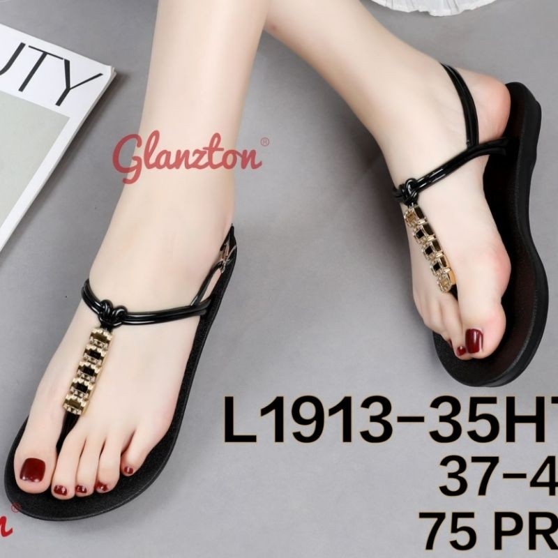 L1913-35HTM Sandal Glanzton Tali Belakang Hitam Chrome Terbaru Wanita Jepit Karet Sendal Flat Japit 