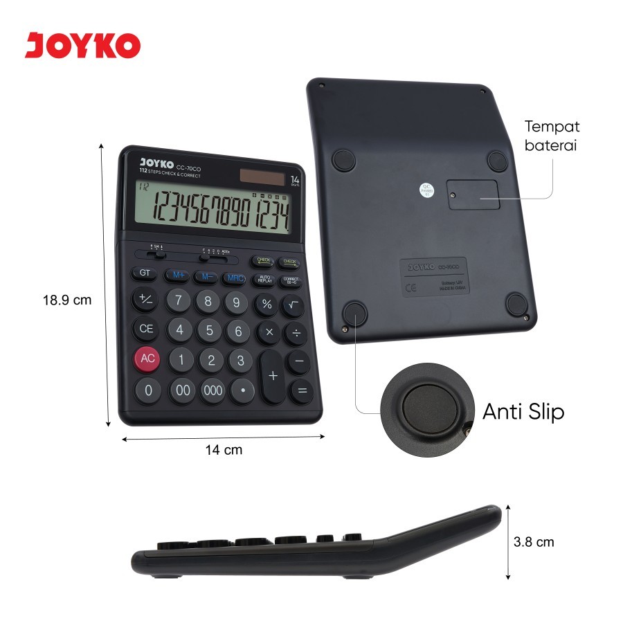 

YUH KALKULATOR CHECK / CEK ULANG JOYKO CC-70CO CALCULATOR 14Dit ALUMUNIUM SURFACE