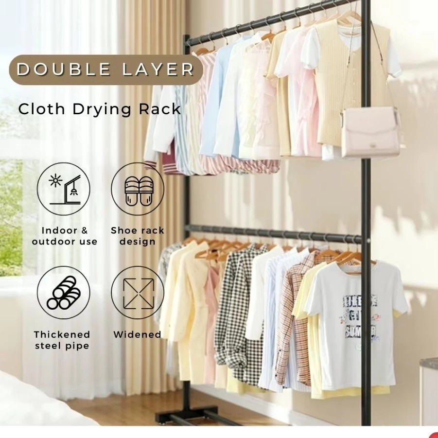 Rak Gantungan Baju Besi 2 Susun Berdiri Shenar/ Rak Gantungan Baju Gawangan Berdiri