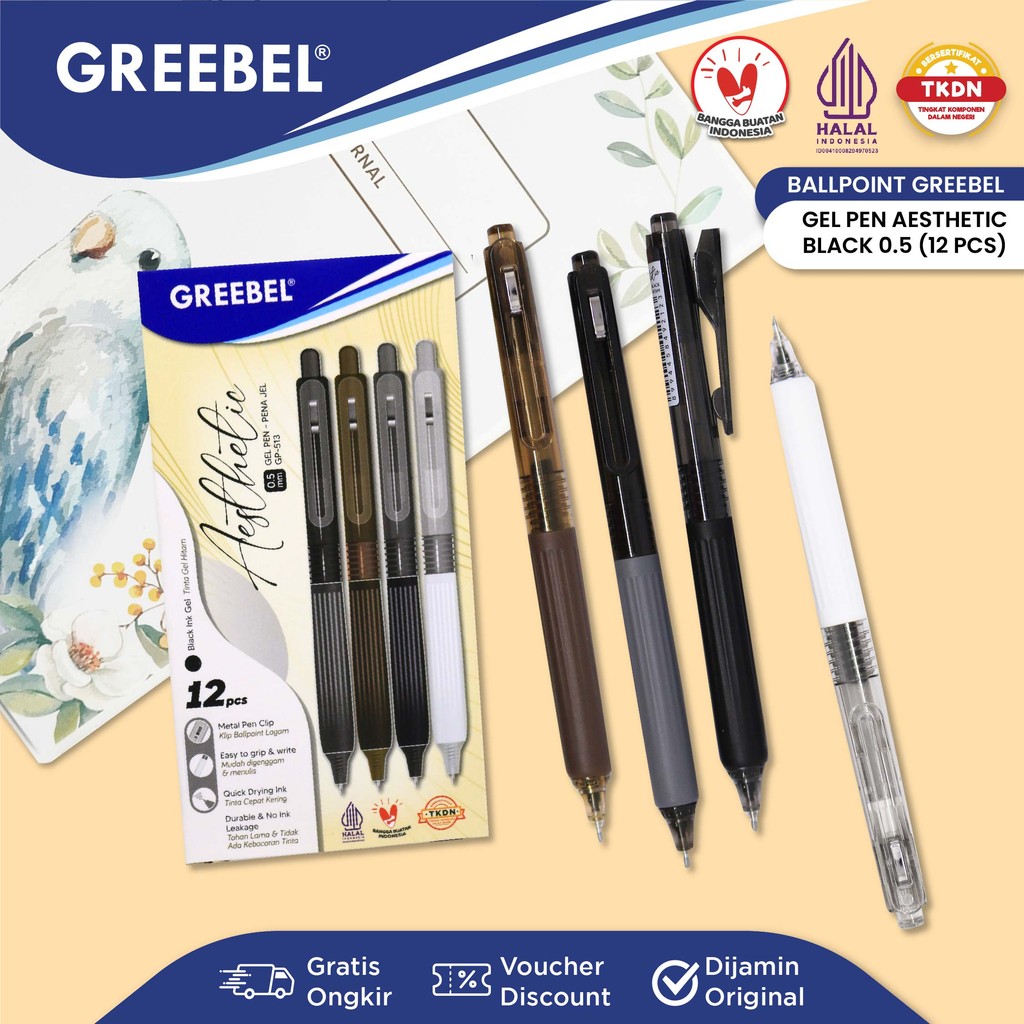 

GREEBEL PULPEN GEL / Gel Pen Aesthetic GP-513 0.5 Hitam (12PCS/SET) / Ballpen Gel Ballpoint Bolpen Bolpoin Pena Gel