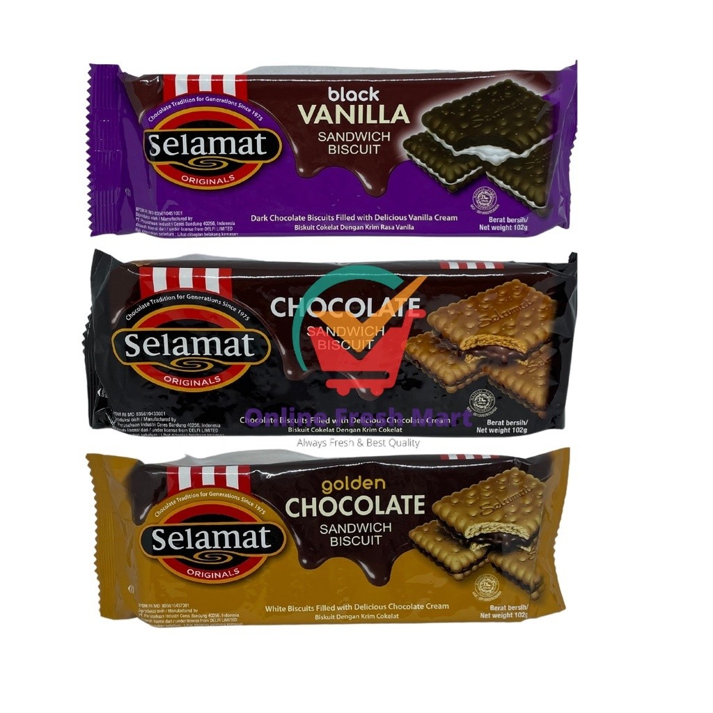 

Selamat Biscuit Chocolate Sandwich Biskuit Coklat Black Vanilla Golden Choco 102g - Online Fresh Mart Denpasar