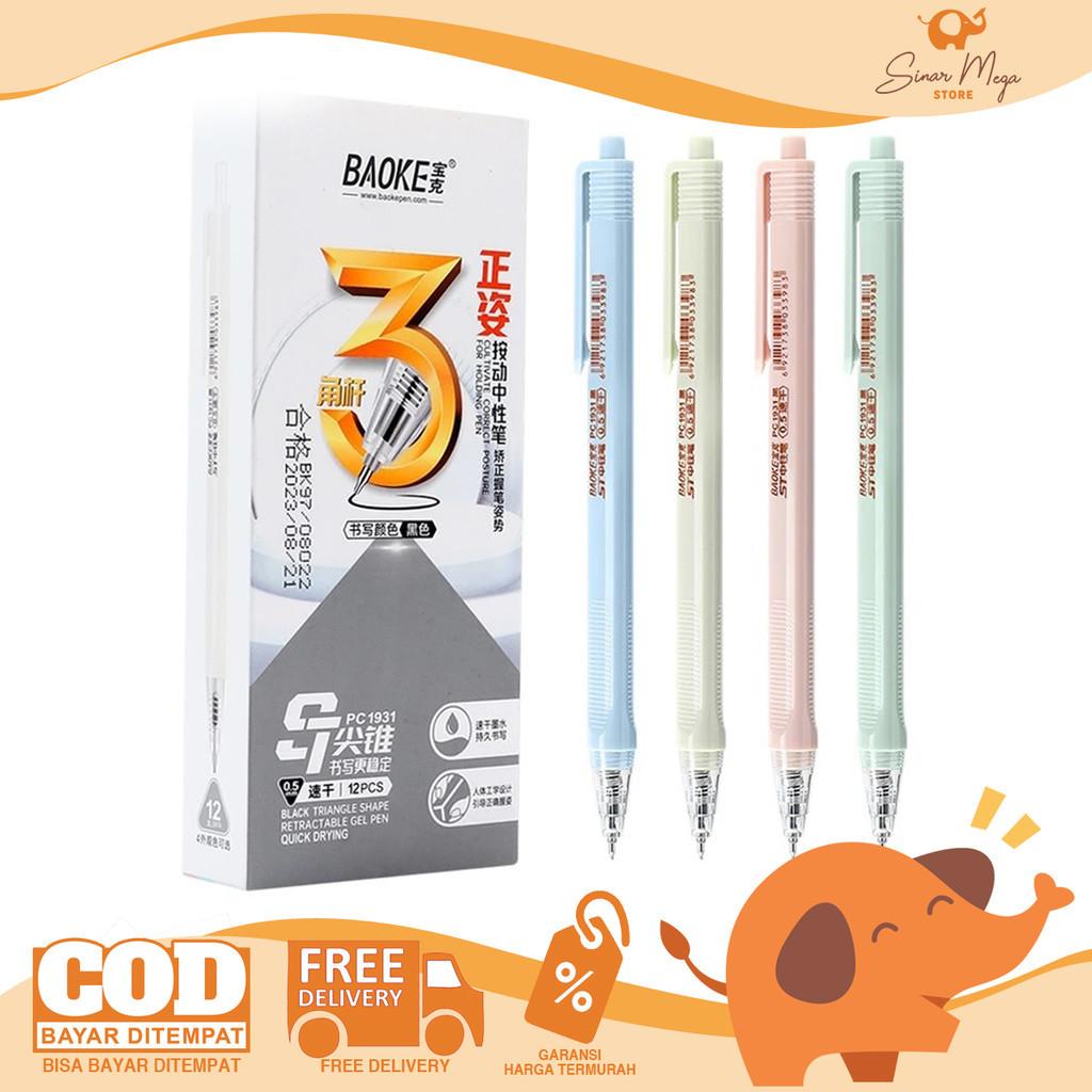 

BAOKE Gel Retractable Pen 0.5mm PC1931 Black - Pulpen Pena Cetek Trigonal Pastel SATUAN Murah