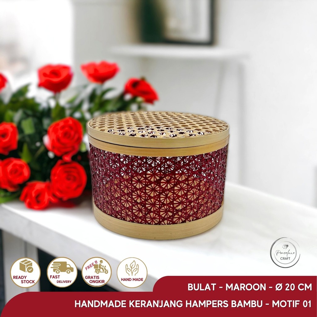 

Handmade Keranjang Hampers Bambu Bulat Warna Maroon Diameter 20 cm Hiasan Dekorasi Parsel Parcel Bamboo Rotan Anyaman Anyam Merah Imlek Natal CNY Christmas Kado Sangjit