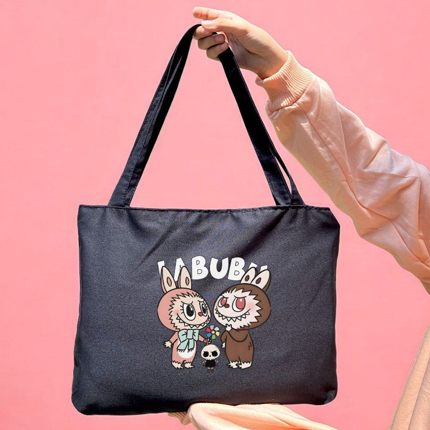 Pinkstone Labubuu Totebag Landscape Resleting tas tote bag Resleting bahan kain drill