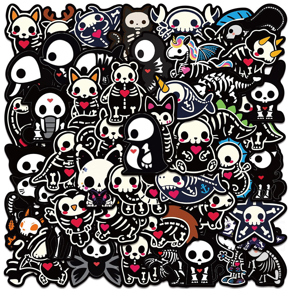 

50pcs Cute Cartoon Animals Skeleton Skull Stickers for Laptop Water Bottle Luggage Notebook Waterproof Graffiti Vinyl Decals