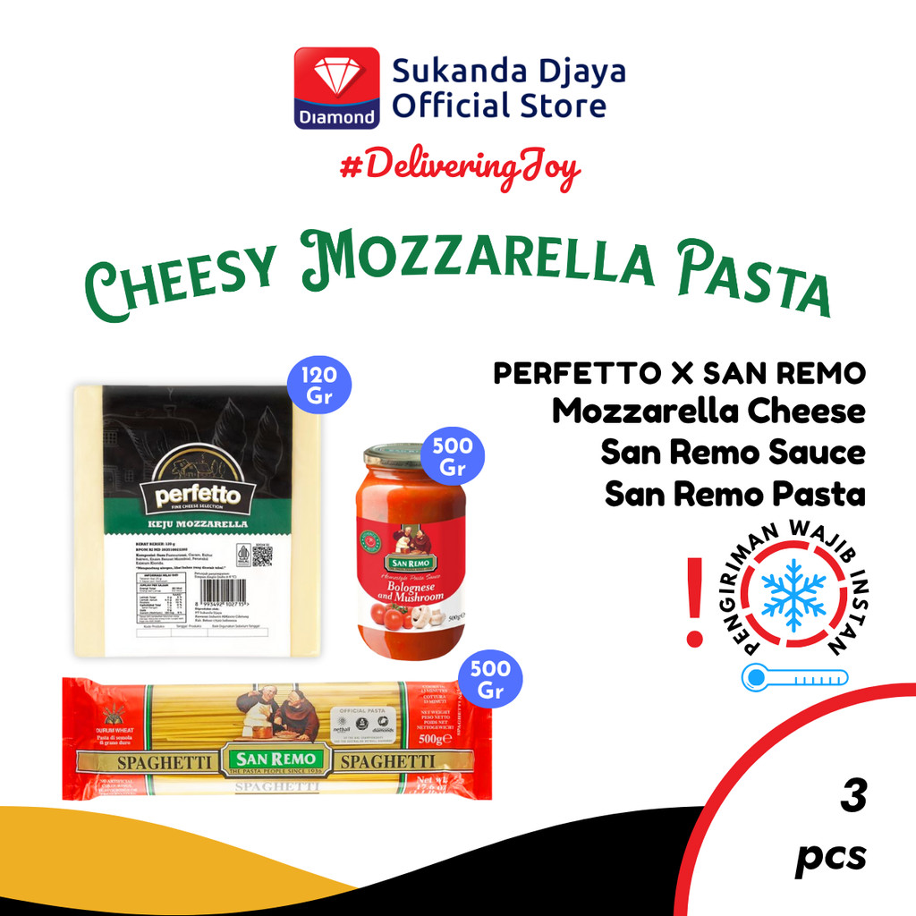 

Perfetto x San Remo Special Package - Perfetto Keju Cheese Mozzarella 120 Gr + San Remo Pasta Sauce Bolognase & Mushroom 500 Gr + San Remo Pasta Spaghetti 500 Gr