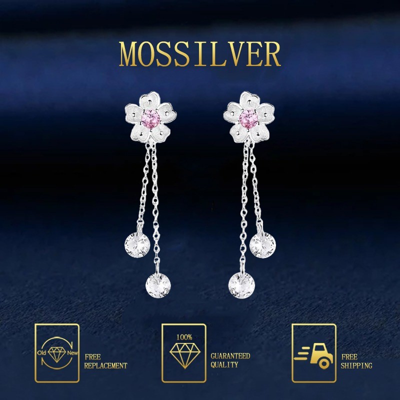 MOSSILVER Anting-anting Kelopak Kristal Merah Muda Panjang Bunga Sakura, Anting-anting Dua Arah