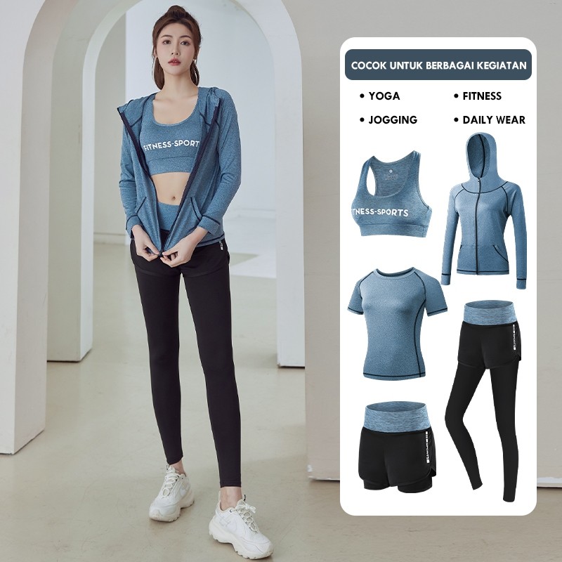 Baju Senam Setelan Wanita Aerobic Celana Jaket Legging Pakaian Olahraga Lengan Panjang Muslim Pilate