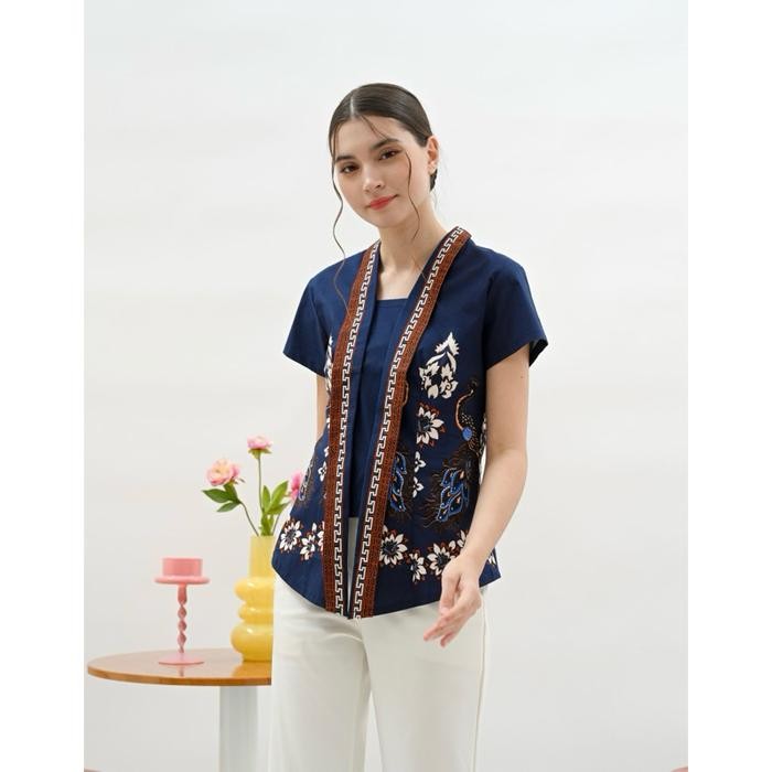 Blouse Batik Wanita Modern / Atasan Batik Kantor / Batik Motif Elegant Warna Biru Navy