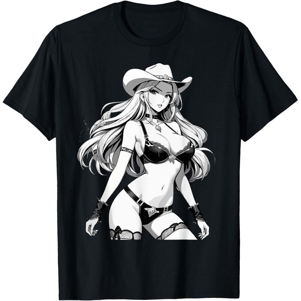 Sexy Waifu Anime Cowgirl Japanese in Black and White Art T-Shirt COD