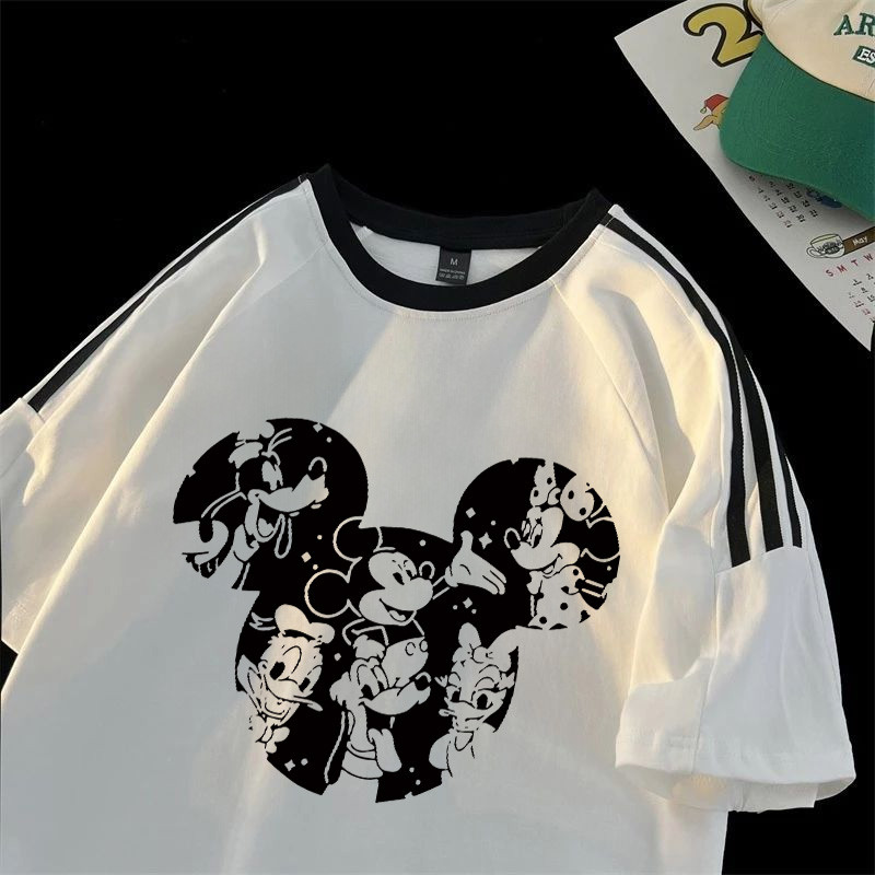 Po floret Kaos Wanita Kekinian Lengan Pendek Disney Mickey Mouse Print Three Bergaris Bahu Kaos Long