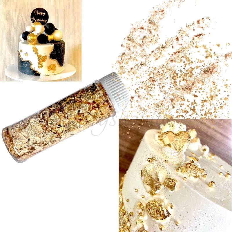 

Gold Foil Cake 2 gram / Gold Flakes / Serpihan Lembaran Taburan Daun Emas / Edible Flakes Gold Gold Cake / Hiasan Emas Gold / Hiasan Kue