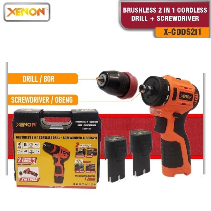 XENON CDDS2i1 mesin bor cordless 2in1 DRILL + SCREWDRIVER BRUSHLESS 12V bor baterai 10mm CDDS PESEK