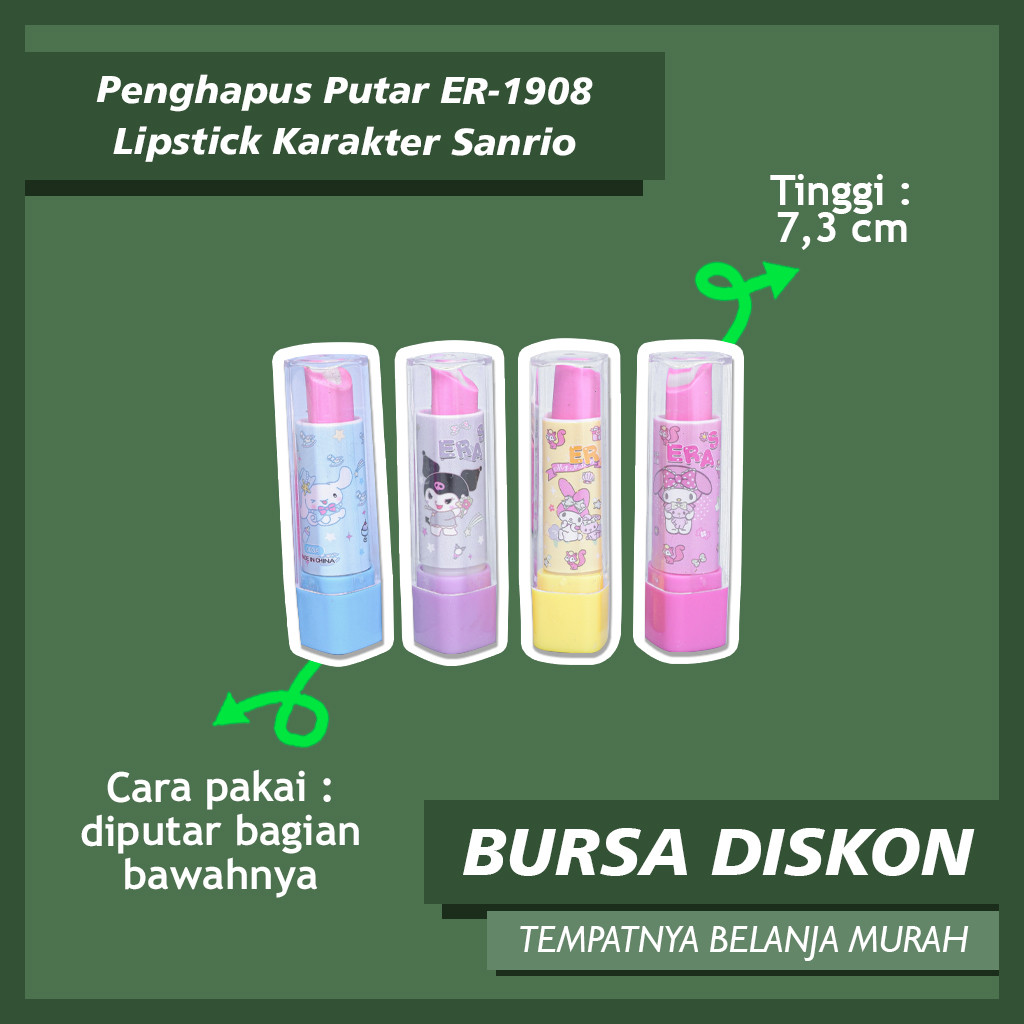 

Penghapus Putar ER-1908 Lipstick Karakter Sanrio Lipen Lucu Hapusan Karet Eraser Bisa COD Grosir