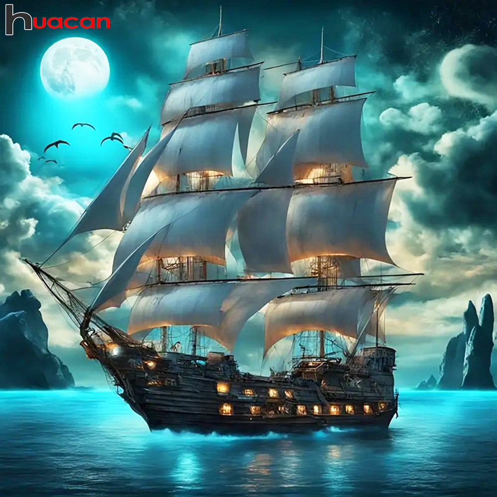 

Huacan Sailboat Diamond Painting Landscape Rhinestones Full Round Square Diamond Mosaic Moon Home Decoration Craft Kit
