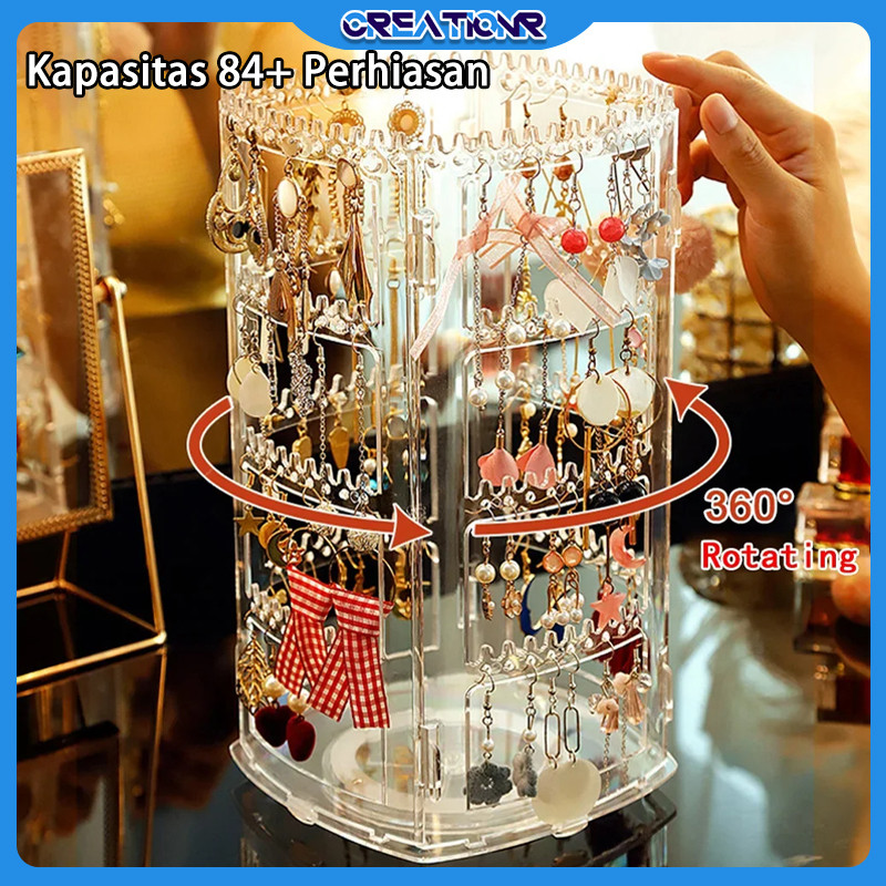 Rak Anting Akrilik 360°/Organizer Kalung Putar/Display Perhiasan Transparan/Kapasitas 84+ Perhiasan